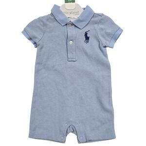 Ralph Lauren Baby Boy Blue Pique Polo Romper One Piece Size 9M Big Pony Logo